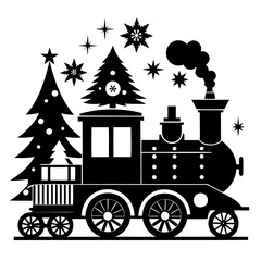 Christmas Victorian vintage Steam Engine black silhouette vector illustration