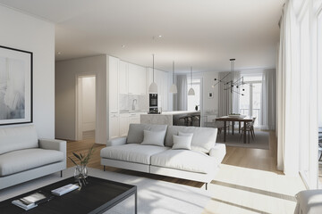 Minimalist modern interior design bright apartment with an open plan in Scandinavian style