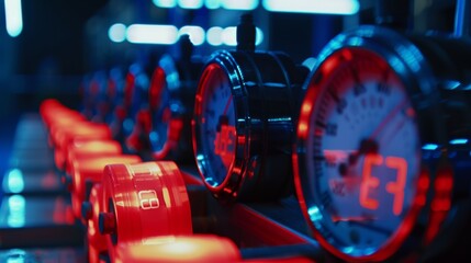 Industrial control panel displaying various gauges with red and blue lights, indicating temperature and pressure readings in a technological environment