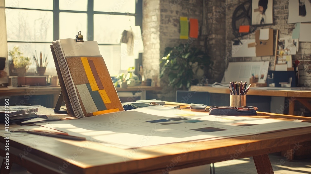 Poster Blueprints and paint samples arranged on design table, sunlit workspace, designer reviewing options