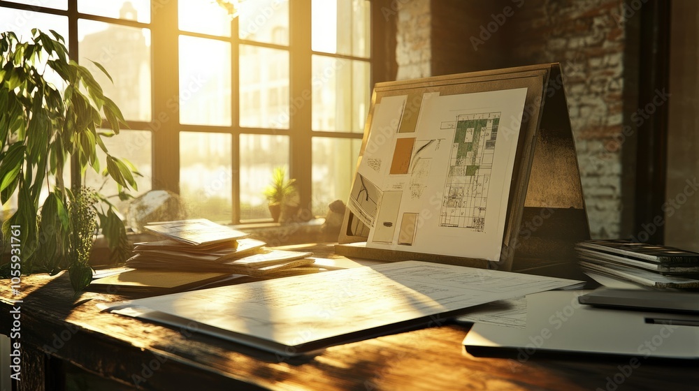 Poster Blueprints and paint samples arranged on design table, sunlit workspace, designer reviewing options