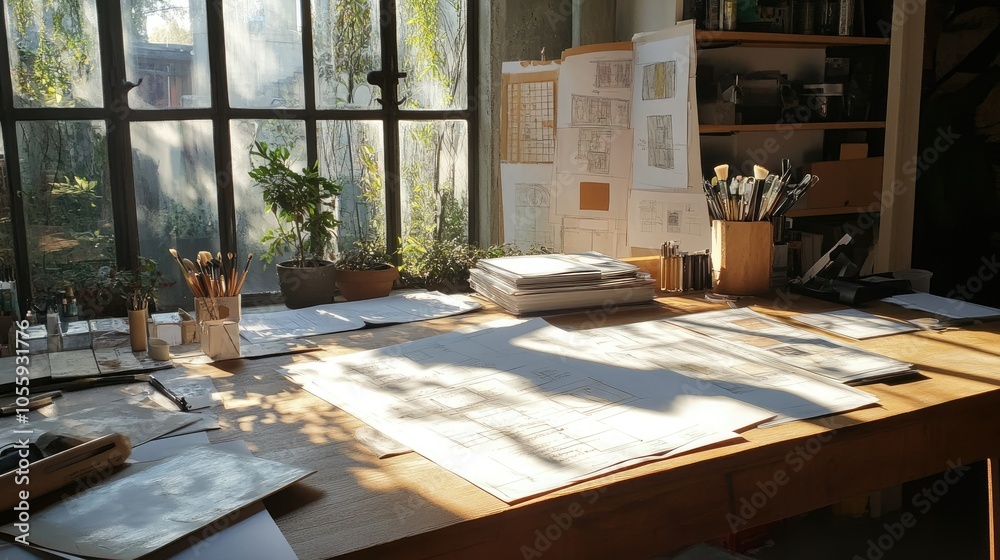 Poster Blueprints and paint samples arranged on design table, sunlit workspace, designer reviewing options