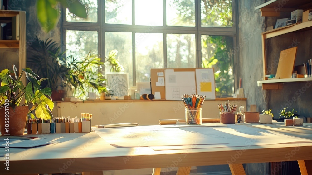 Poster Blueprints and paint samples arranged on design table, sunlit workspace, designer reviewing options