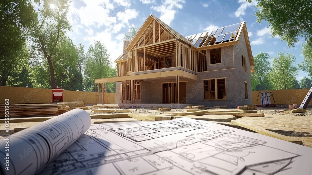 Poster builder marking blueprints, house structure in background, tools and materials scattered around, foc