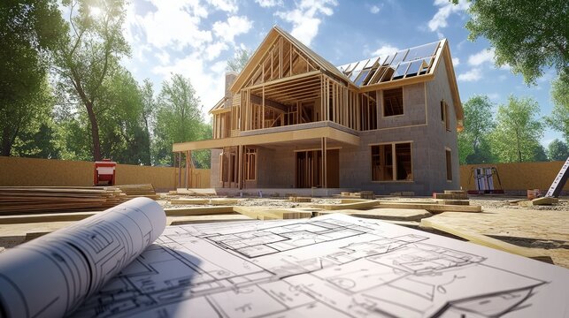 Builder marking blueprints, house structure in background, tools and materials scattered around, focus on planning