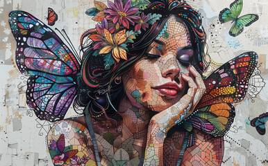 Fototapeta premium A serene woman with butterflies and flowers embraces nature's beauty