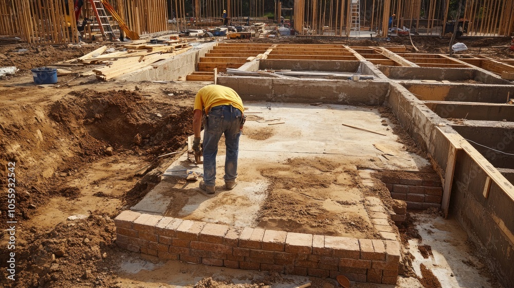 Poster close-up of construction worker laying bricks on high-end home site, partially built walls and bluep