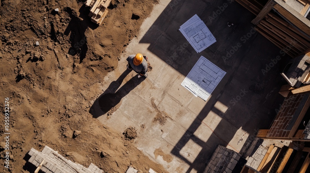 Poster close-up of construction worker laying bricks on high-end home site, partially built walls and bluep
