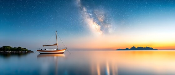 Milky Way Galaxy Arching Across the Night Sky Over a Serene Ocean with a Sailboat Anchored in the Calm Waters at Dusk Reflecting the Cosmic Tranquility of the Scene