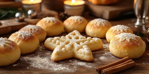 Star of david dough arrangement with fresh baked goods and candlelit ambiance
