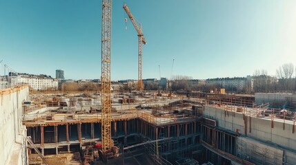 Fototapeta premium Construction site with tower cranes and materials, set against a clear sky, signaling the beginning of a large building project