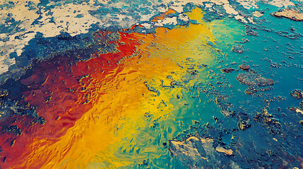 Abstract oil slick patterns on a weathered surface
