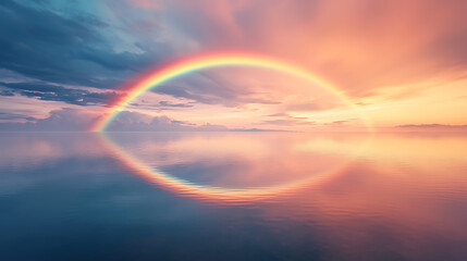 Serene sunset reflection with a vibrant rainbow over water