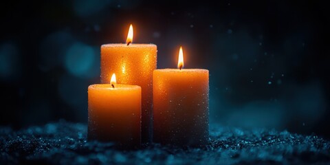 Glowing candles on menorah for hanukkah celebration against dark background