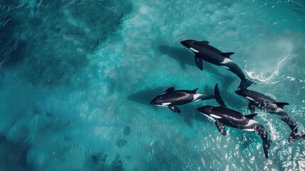 Obraz premium Majestic Orcas Swimming in Crystal Clear Ocean Waters - Aerial Wildlife Photography for Marine Conservation