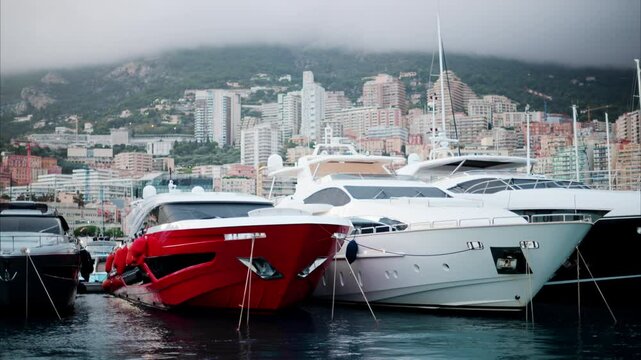 View of boats docked in the Monaco Marina with the skyline of the city on the background