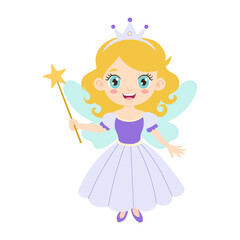 A girl is holding a wand and smiling. She is wearing a white dress. The background is white