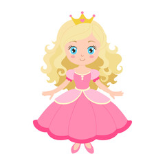 A cartoon princess with long blonde hair and a pink dress. She is smiling and has a crown on her head © MariiaMart