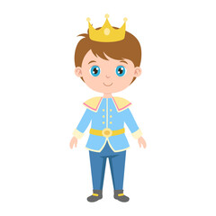 A young boy wearing a blue costume with a crown on his head. He is smiling. The image is in black and white