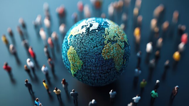Diverse crowd surrounding a globe, representing global unity and collaboration on social issues.