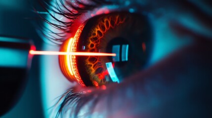 A close-up image showing a laser beam being directed at a patient's eye during surgery. The eye is open and focused on the laser. The surrounding area is blurred.