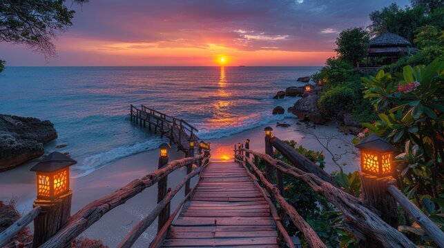 Panoramic view of the pedestrian bridge to Luk Lom Beach, Koh Samet at sunrise