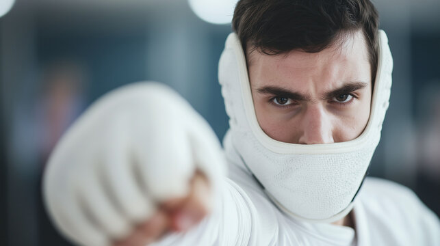 Self Defense Training in Gym with Protective Gear Blocking Technique