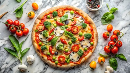 to view of veggie pizza on marble Background