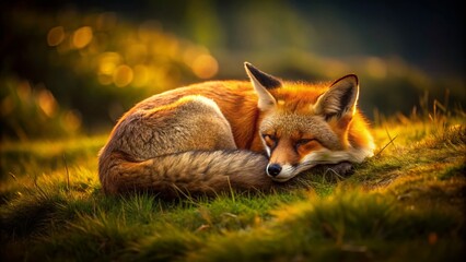 Naklejka premium Sleeping Red Fox in Peaceful Natural Setting - Night Photography with Warm Golden Tones