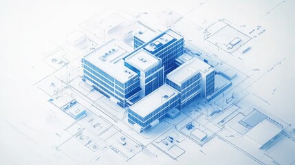Minimal blueprint with blue stroke, healthcare facility plan on white, futuristic and textured