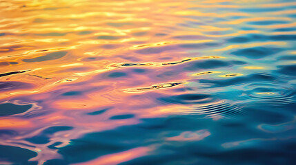 Colorful reflections on tranquil water surface at sunset