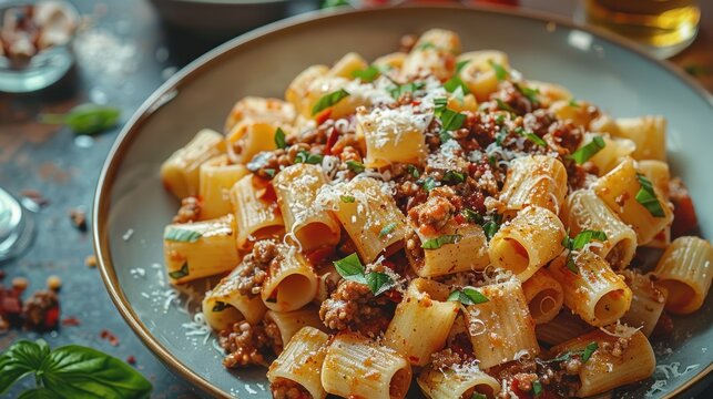 pasta pene with bolognese sause on plate