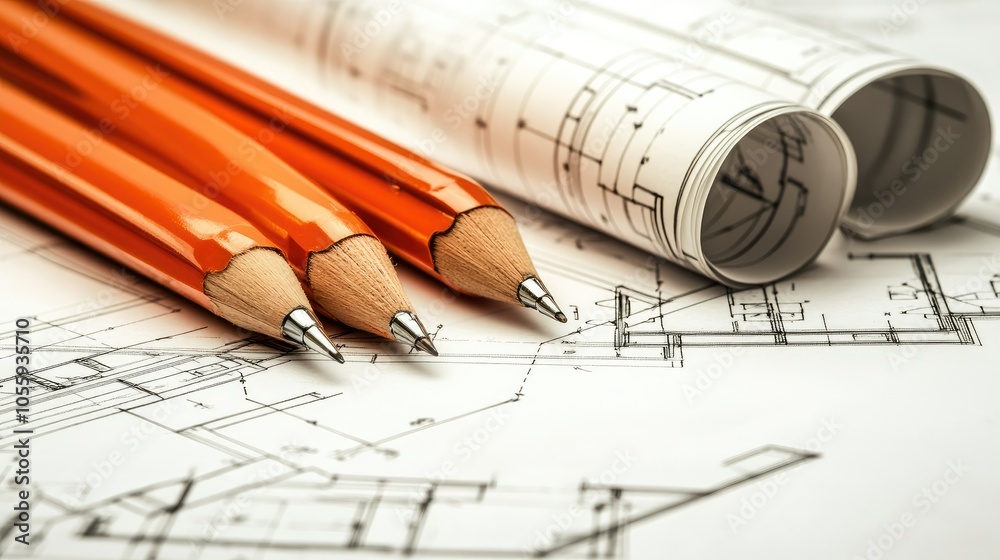 Poster paint color palette and architectural blueprints, drafting table setting, focus on home interior des