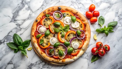 to view of veggie pizza on marble Background