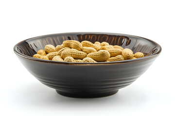 Close-up to a bowl of peanuts isolated on white background, Snack food photography