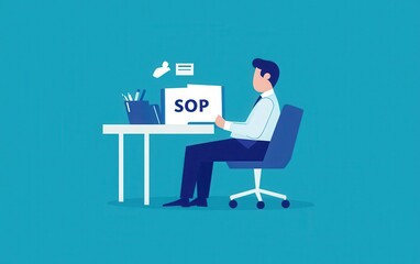 A vector graphic featuring a businessperson seated at a desk, reviewing a binder labeled "SOP" 