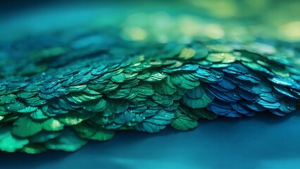 Obraz premium Close-up of Shimmering Green and Blue Scales Shimmering Under Soft Light in a Tranquil Aquatic Environment