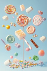 Colorful candies dance in mid-air against a serene blue background, creating a whimsical celebration of sweetness and joy
