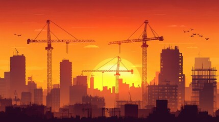 Tower cranes at sunrise on a construction site, silhouetted against a city's skyline, showing early morning industry