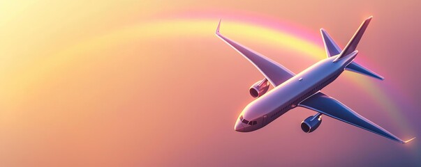 Fototapeta premium Airplane flying through a rainbow, symbolizing safe air travel, flight insurance, secure journey