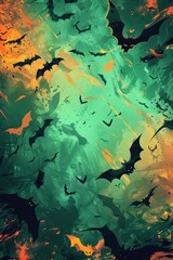Naklejka premium Chaotic Abstract Halloween Design with Bats and Neon Elements for Posters and Cards