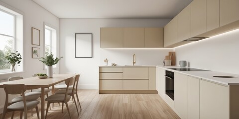 Fototapeta premium Modern minimalist kitchen, light wood cabinets, white subway tile backsplash, stainless steel appliances, large windows, natural light, neutral color palette, sleek design, open concept, clean lines, 