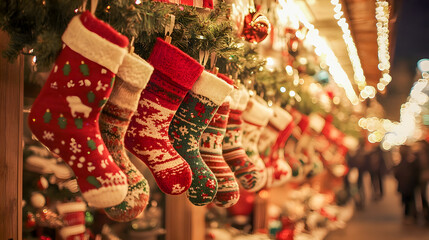 Obraz premium Colorful Christmas Stockings Hanging on a Festive Display