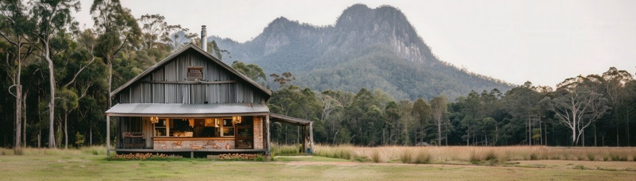 A rustic cabin sits in a grassy field with a mountain in the background