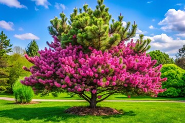 Obraz premium Spring Flowering Ornamental Pine Tree in Lush Green Lawn - Nature Photography