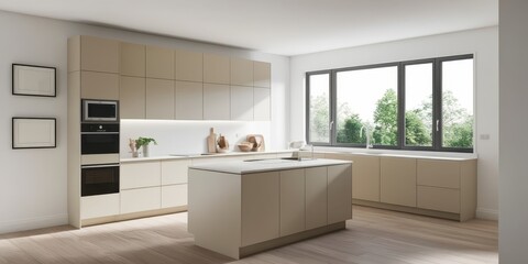 Fototapeta premium Modern minimalist kitchen, light wood cabinets, white subway tile backsplash, stainless steel appliances, large windows, natural light, neutral color palette, sleek design, open concept, clean lines, 