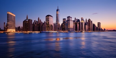 Obraz premium New York City skyline, Manhattan, iconic skyscrapers, Freedom Tower, sunset, golden hour, East River, city lights, reflections on water, urban landscape, panoramic view, cityscape, dusk, illuminated b