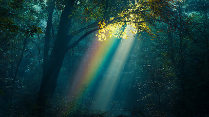 Obraz premium Ethereal sunlight creating a rainbow in a misty forest