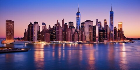 Fototapeta premium New York City skyline, Manhattan, iconic skyscrapers, Freedom Tower, sunset, golden hour, East River, city lights, reflections on water, urban landscape, panoramic view, cityscape, dusk, illuminated b