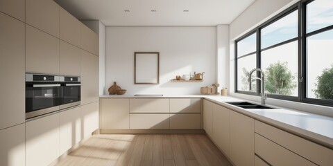 Fototapeta premium Modern minimalist kitchen, light wood cabinets, white subway tile backsplash, stainless steel appliances, large windows, natural light, neutral color palette, sleek design, open concept, clean lines, 